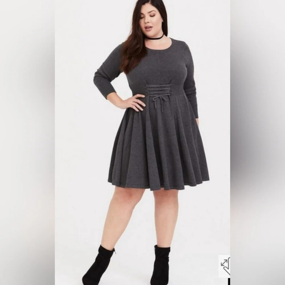 torrid Dresses & Skirts - Torrid dark gray lace up mini sweater dress 100% cotton size 1 (14/16)